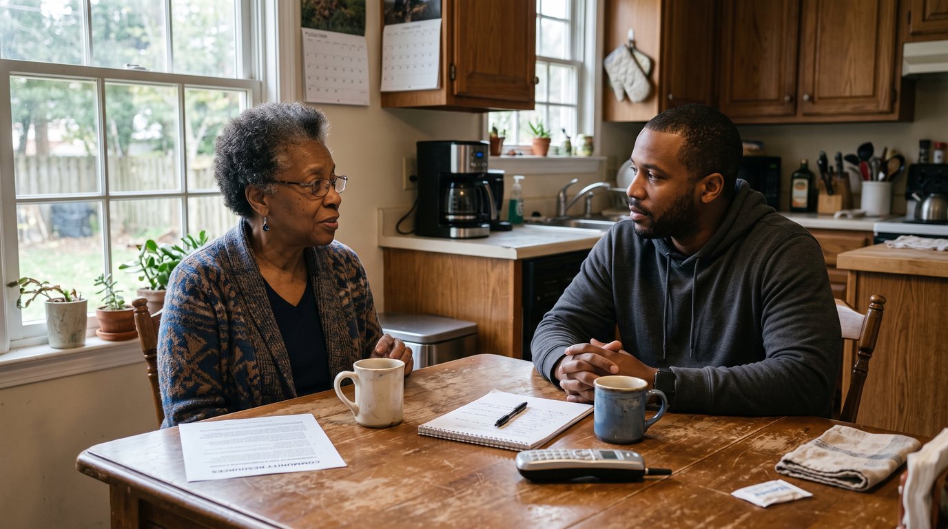A woman in her sixties and her adult son reading printed information at a kitchen table
