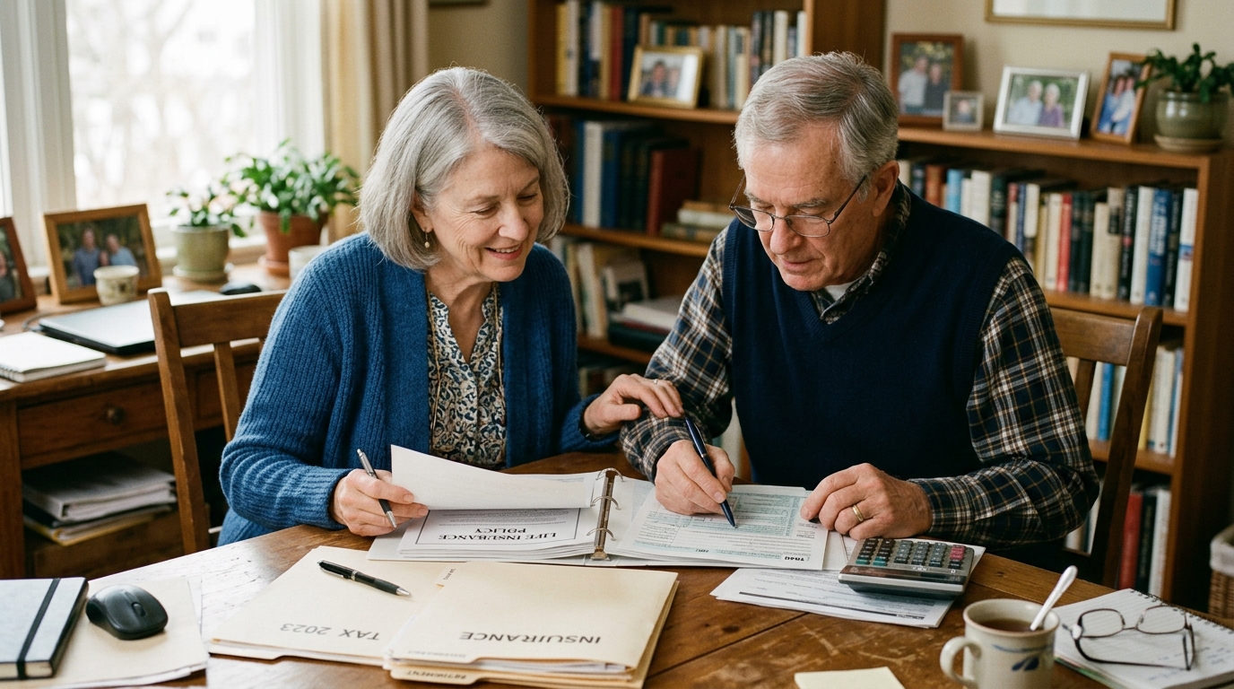 Senior couple reviewing tax paperwork and life insurance documents at home office