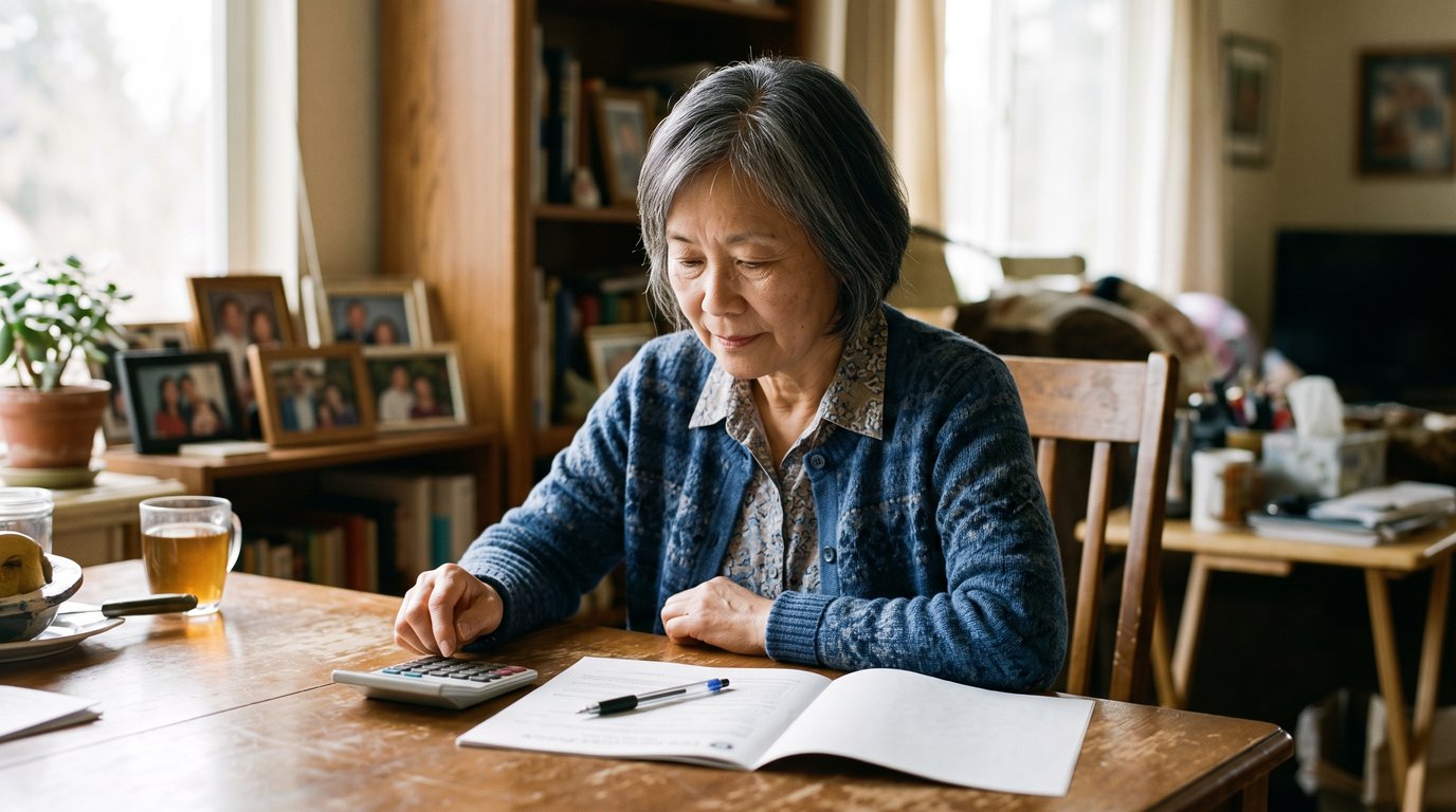 A woman in her late sixties sits at her dining table with a life insurance policy document and a calculator, working through what a policy loan would cost.