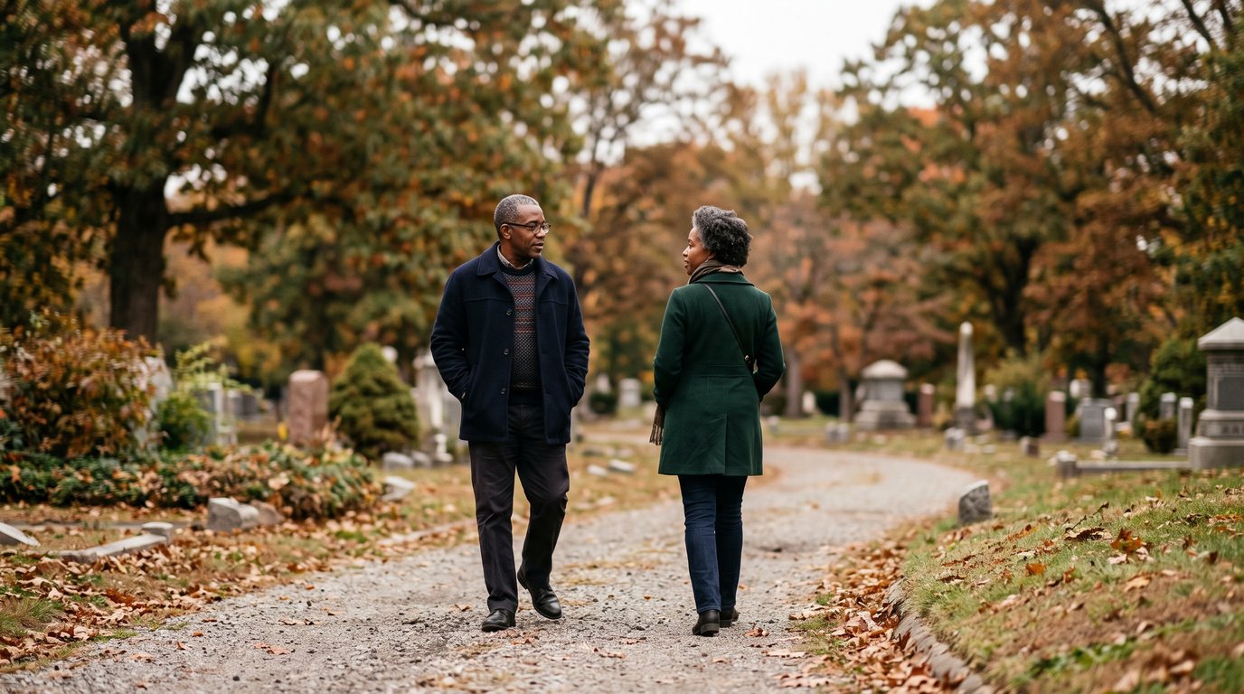 Two adult siblings talking on a gravel path in a quiet tree-lined cemetery on an overcast morning.