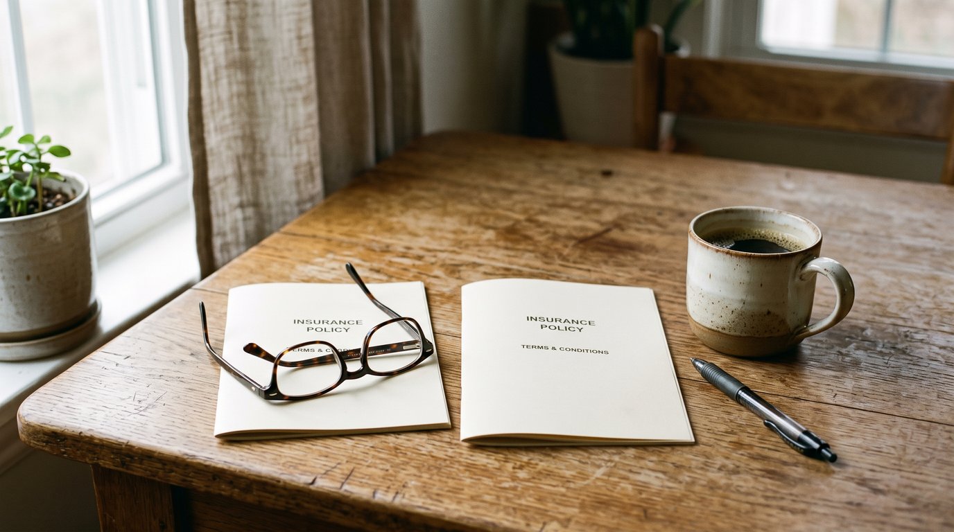 Two insurance policy booklets side by side on a kitchen table with reading glasses and a pen