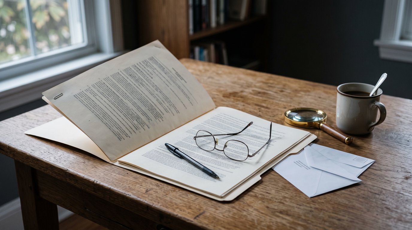 A folder, document, reading glasses and magnifying glass on a wooden desk in morning light