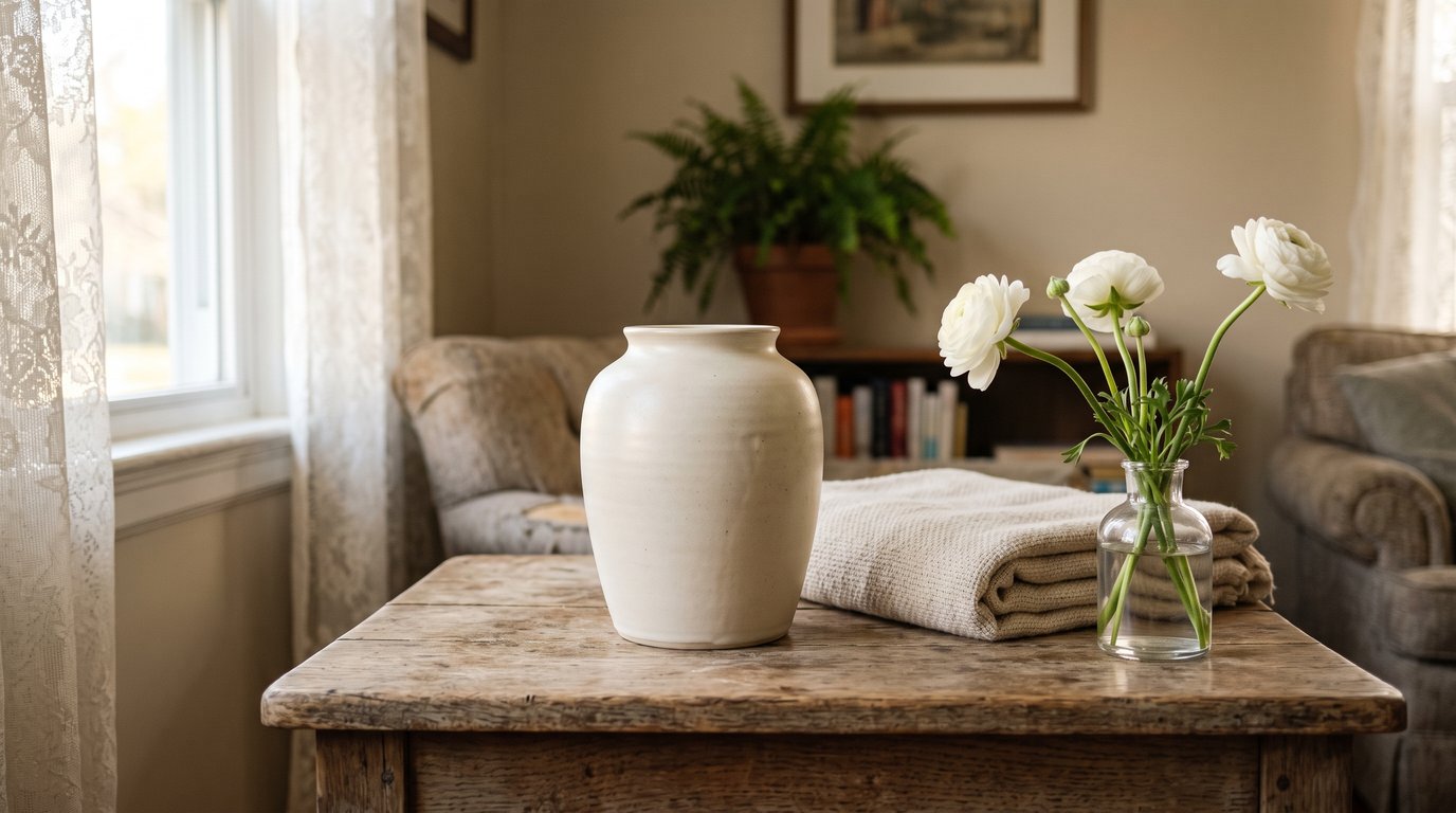 A plain cream urn on an oak side table beside white flowers in soft afternoon window light.