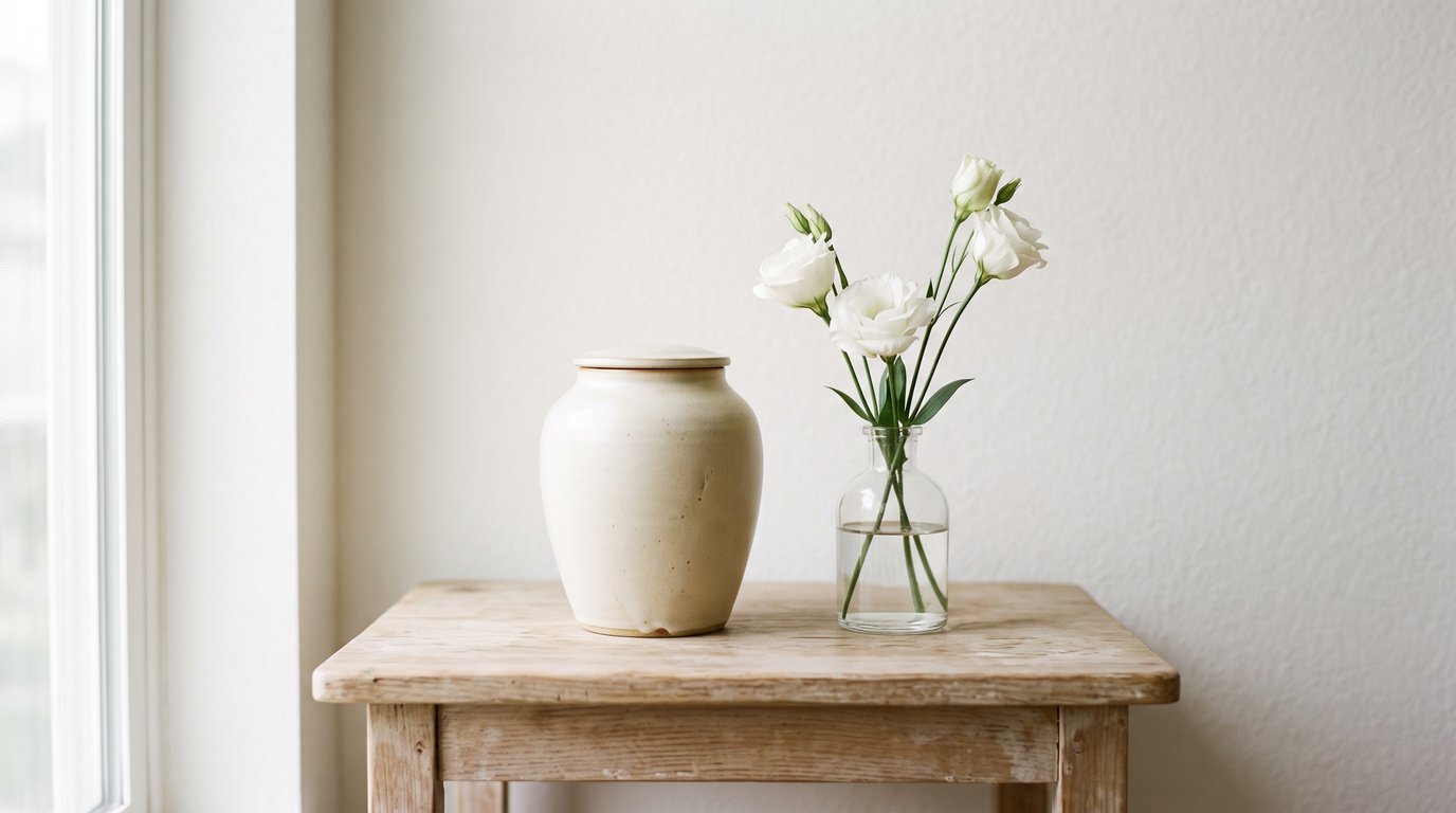 Simple ceramic urn and a small vase of white flowers on a sunlit wooden side table