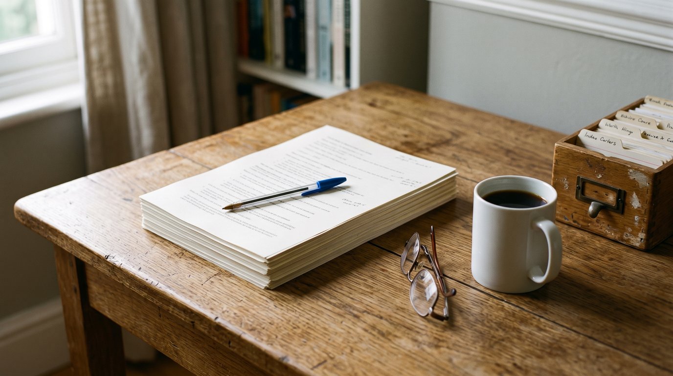 A desk in daylight with a stack of printed pages, a pen, reading glasses and a coffee mug