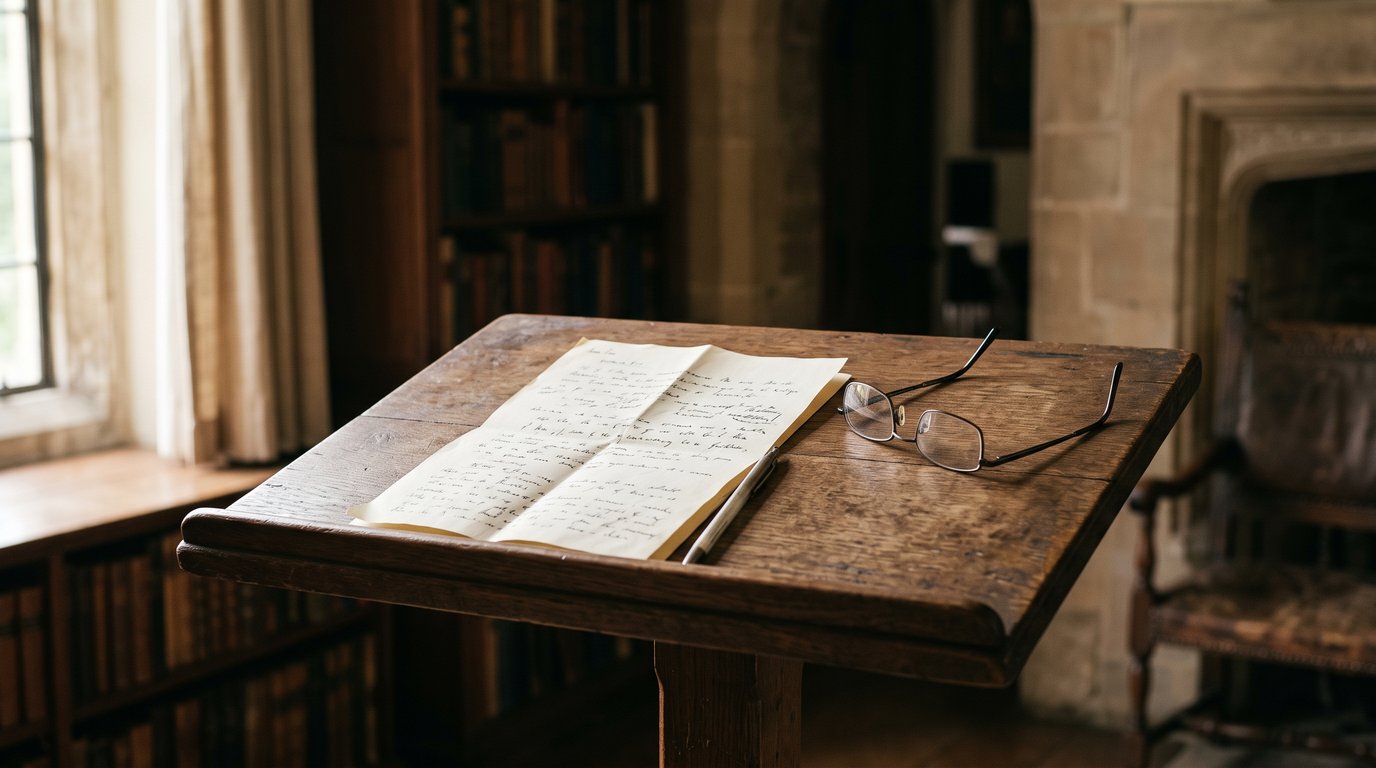 Handwritten eulogy notes on folded paper resting on a wooden lectern in a quiet room