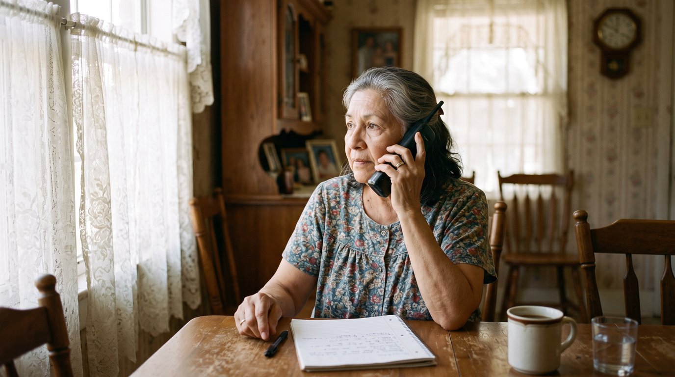 A woman in her seventies taking notes at a dining table while on the phone