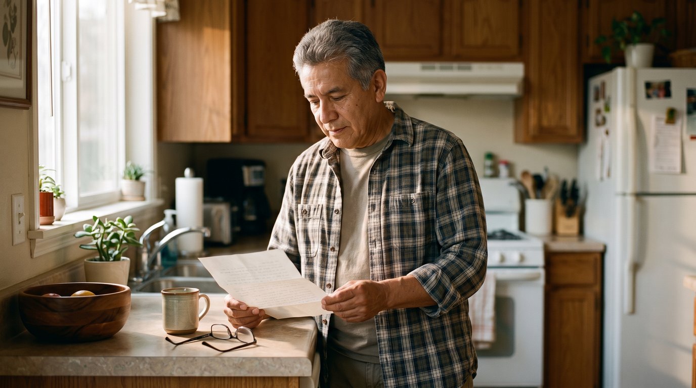A Hispanic American man in his mid-sixties reading a letter at his kitchen counter in warm morning light.