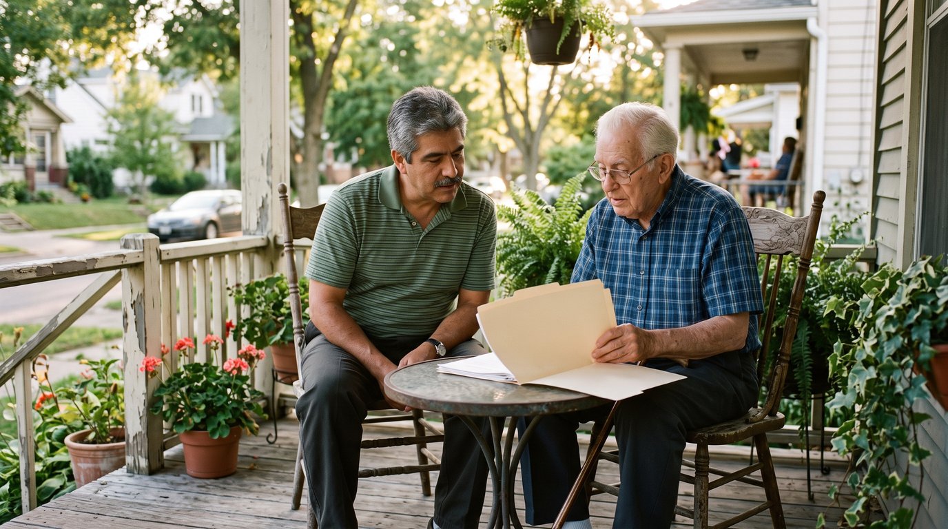 Adult son and his elderly father looking over paperwork together on a sunlit front porch