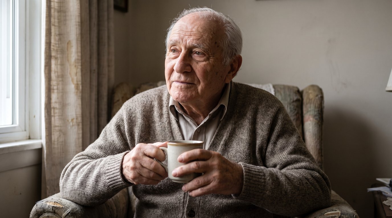Man in his early 80s in a cardigan, seated by a window at home, holding a mug in both hands