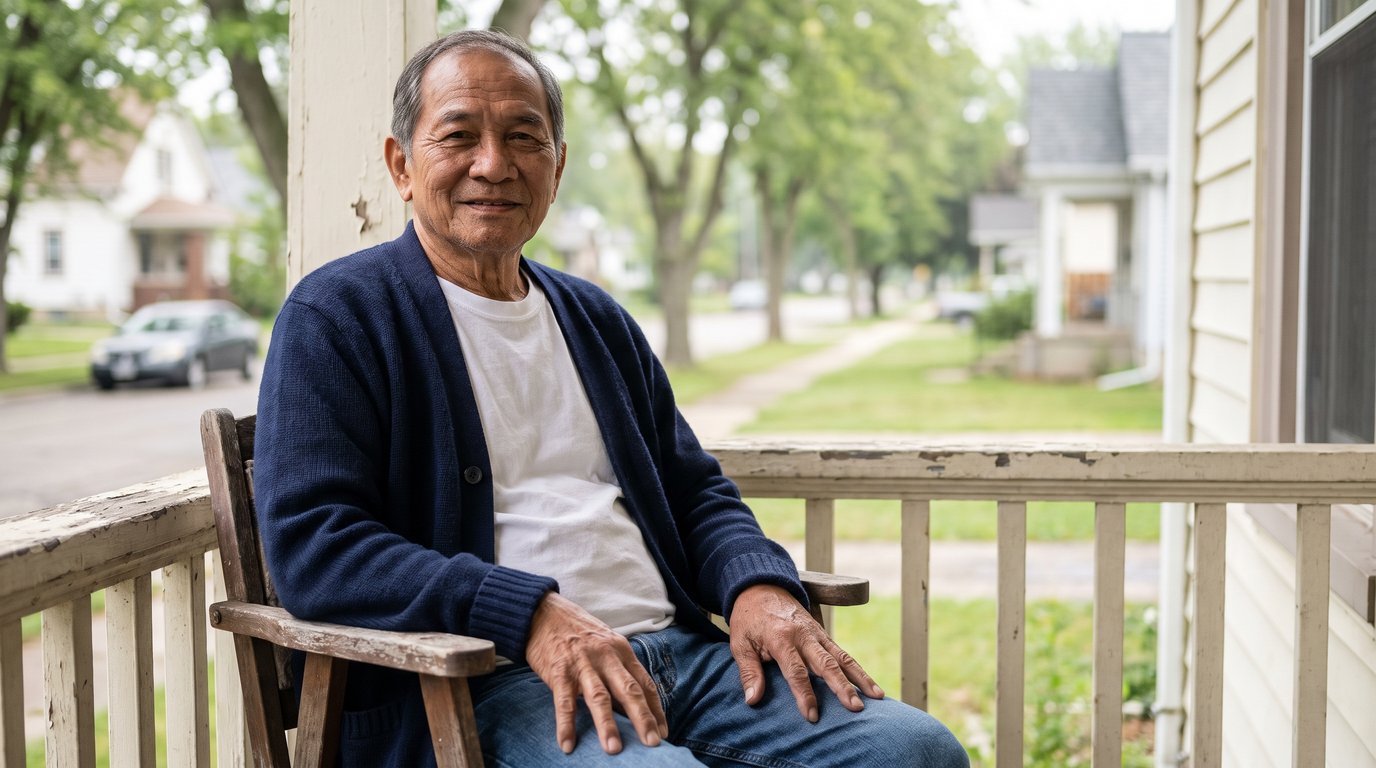 Man in his early 70s on a porch chair in soft morning light, thinking through final expense insurance with COPD