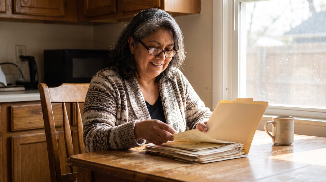 Woman in her 50s at a kitchen table sorting her parent's paperwork into a folder