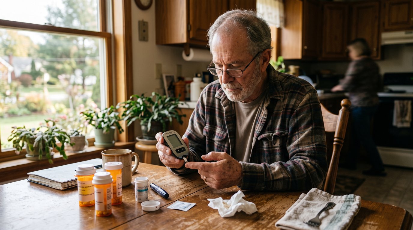 Senior checking a blood glucose meter at a kitchen table with insurance paperwork nearby