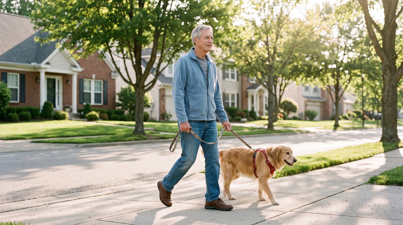 A white American man in his late sixties walking his dog along a suburban sidewalk on a bright morning.