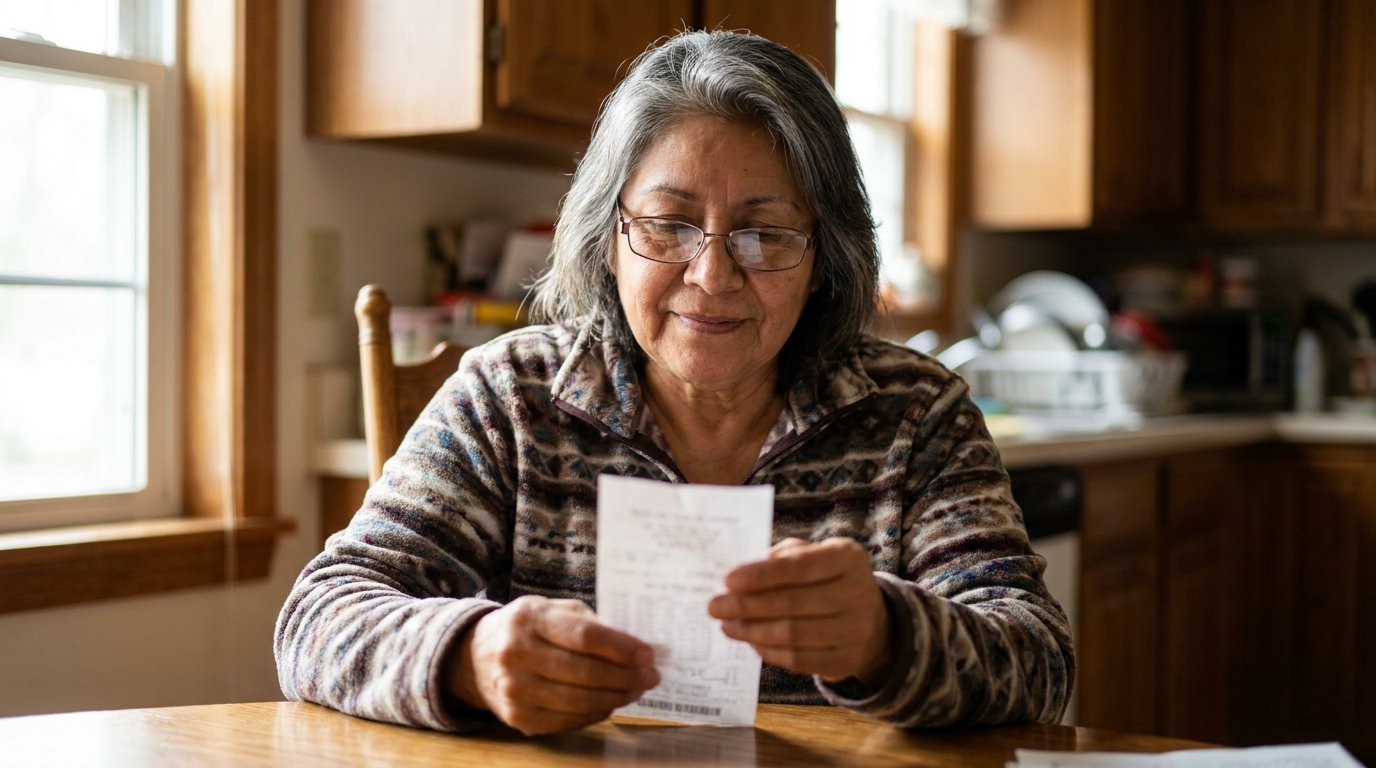 Woman in her mid-60s at a kitchen table reading a pharmacy receipt, reading glasses on