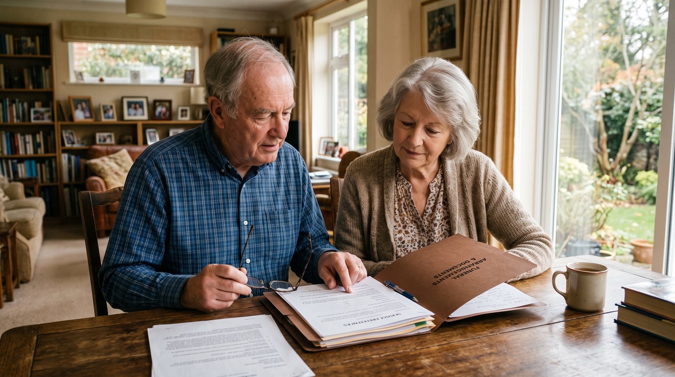 Senior couple reviewing funeral planning paperwork together at their kitchen table