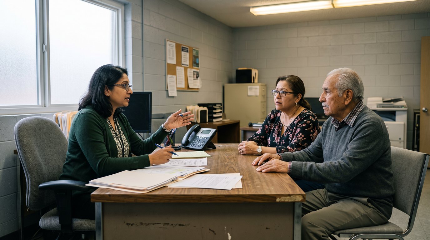 Caseworker at a desk with folders talking with a woman and her elderly father in a public office