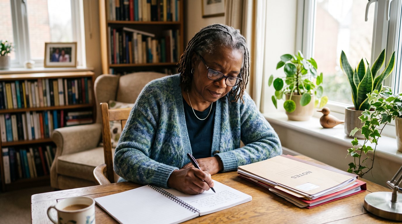 Woman in her sixties writing her funeral wishes in a notebook at a sunlit desk