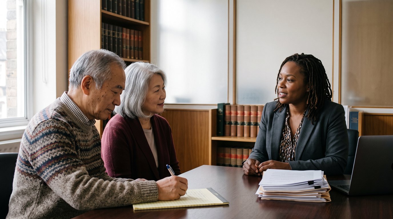 An older couple meeting with an attorney across a desk in a small office lined with books