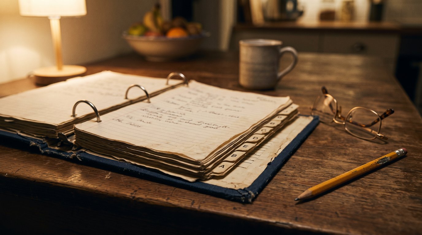 An open binder with alphabetical tab dividers beside reading glasses on a kitchen table