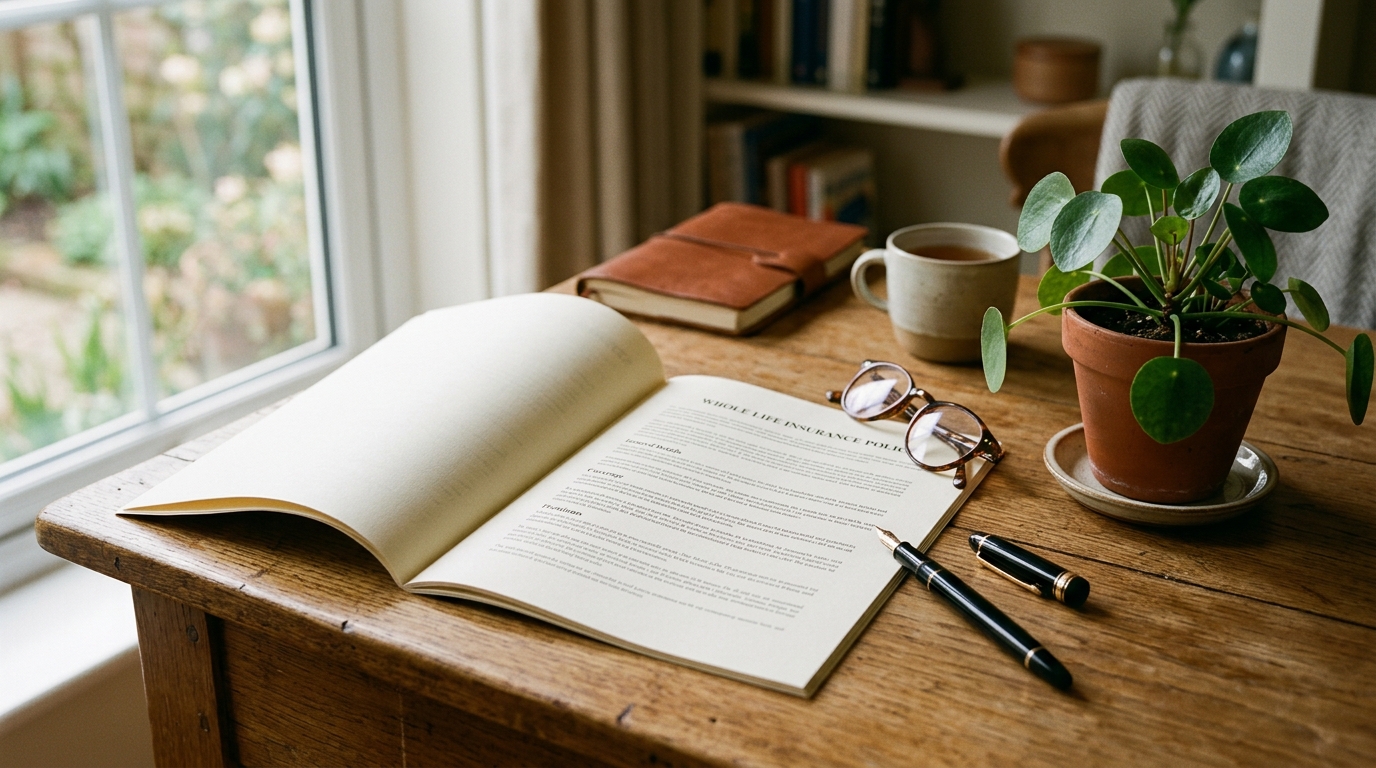 Whole life final expense policy document on desk with pen and reading glasses