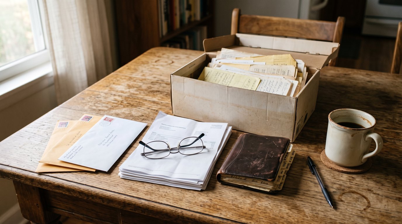 Shoebox of old paperwork, bank statements and reading glasses on a kitchen table in morning light