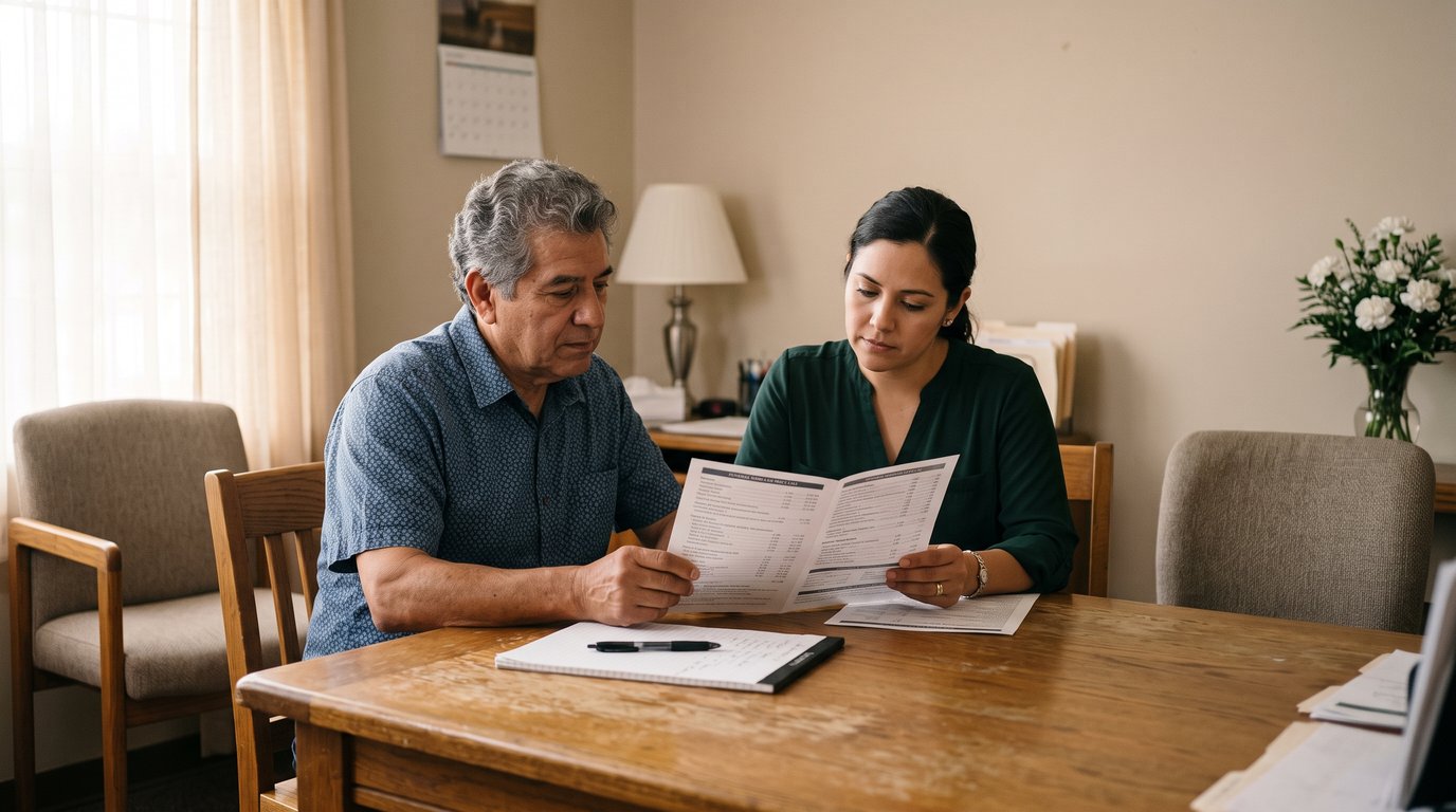 Father and adult daughter reviewing a printed itemized price list together in a funeral home office