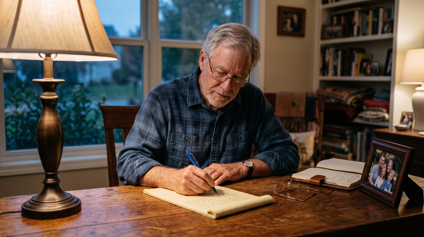 Older man writing notes at a desk beside a framed family photograph under warm lamp light