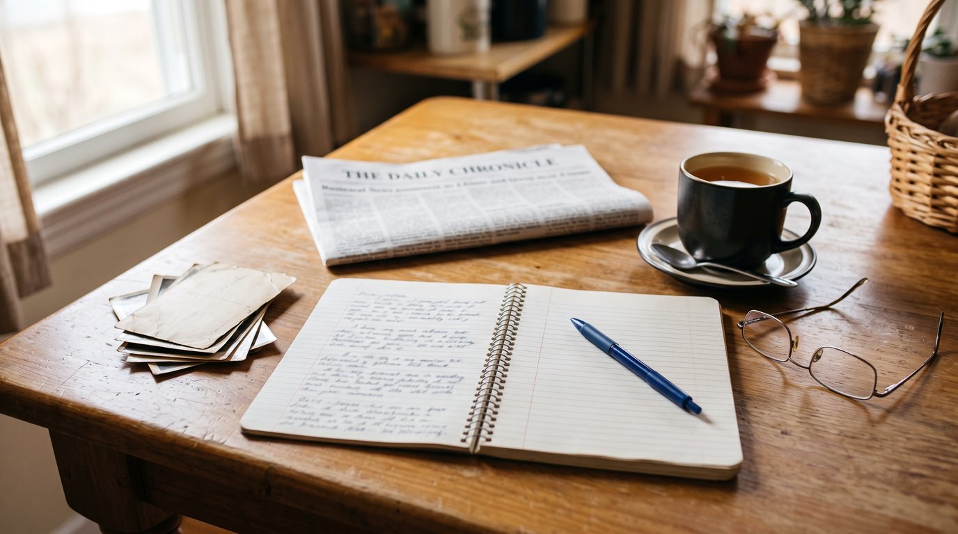 Notebook, pen, reading glasses, a folded newspaper and family photographs on a sunlit kitchen table