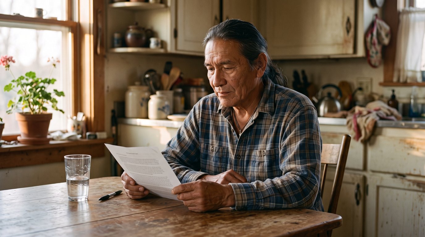 A man in his late sixties reading a printed page at a kitchen table in afternoon light