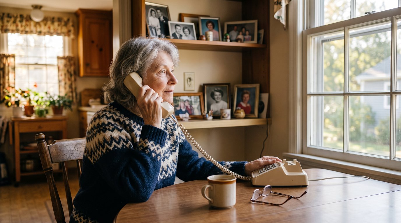 A senior woman at her dining table with an insurance notice and a telephone, calling her insurer about a premium