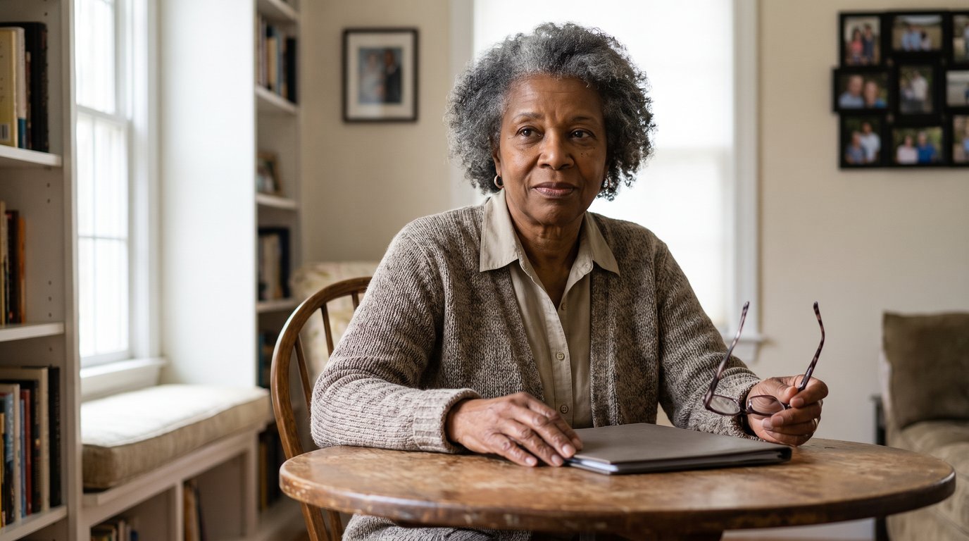 Woman in her early 70s at a family-room table, hand on a closed folder, deciding: is embalming required?