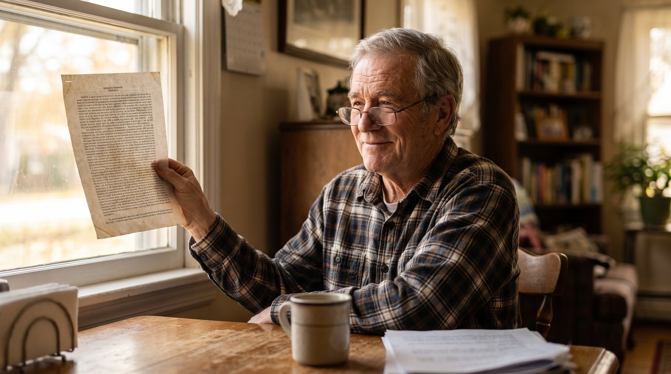 Older man at his kitchen table reading a life insurance policy page closely