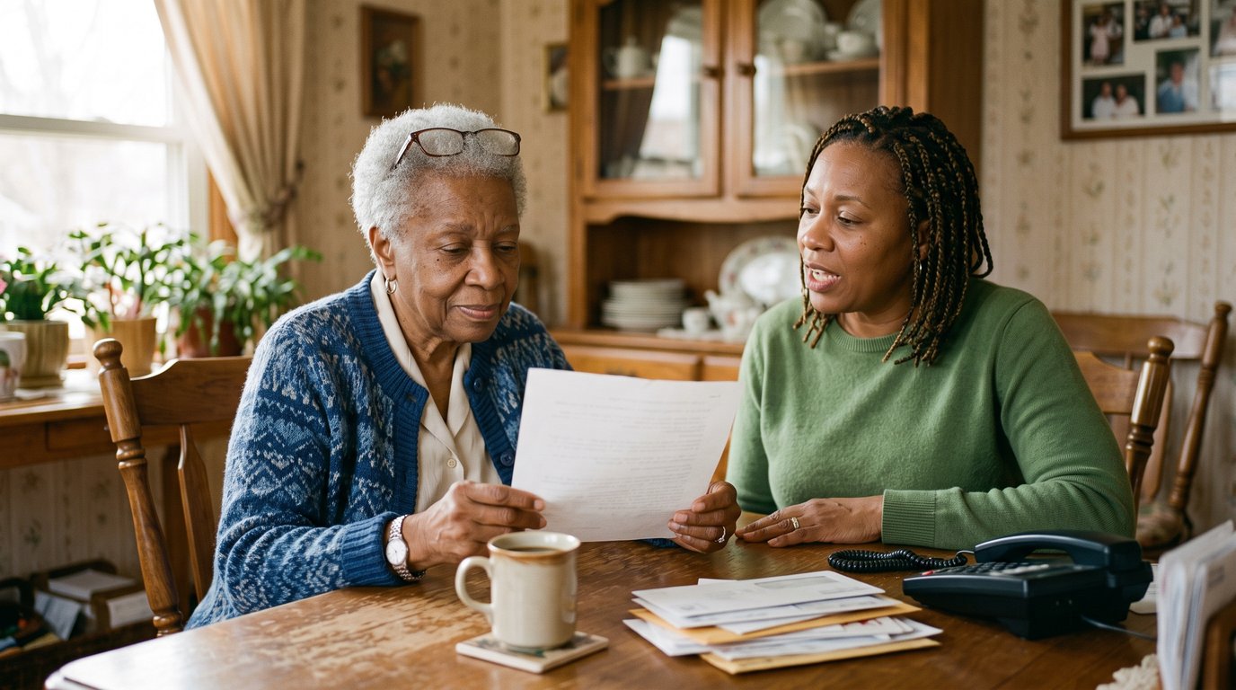 An older woman and her adult daughter reading a document together at a dining table in afternoon light