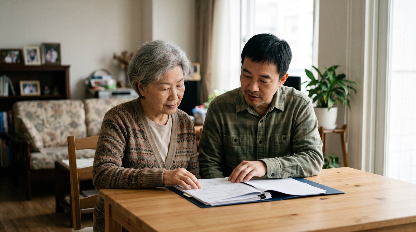 Elderly woman and her adult son reviewing a folder of documents together at a dining table