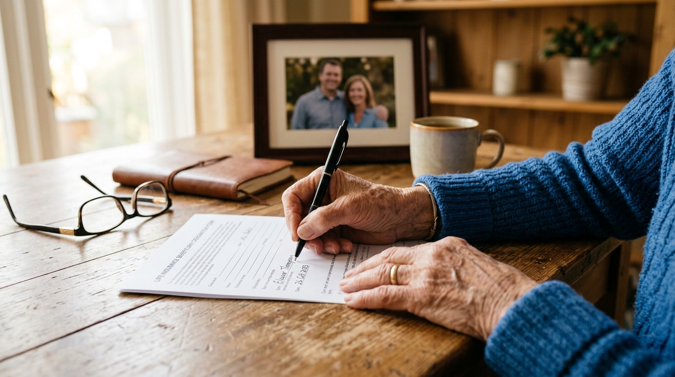 Senior signing a beneficiary designation form for a final expense policy