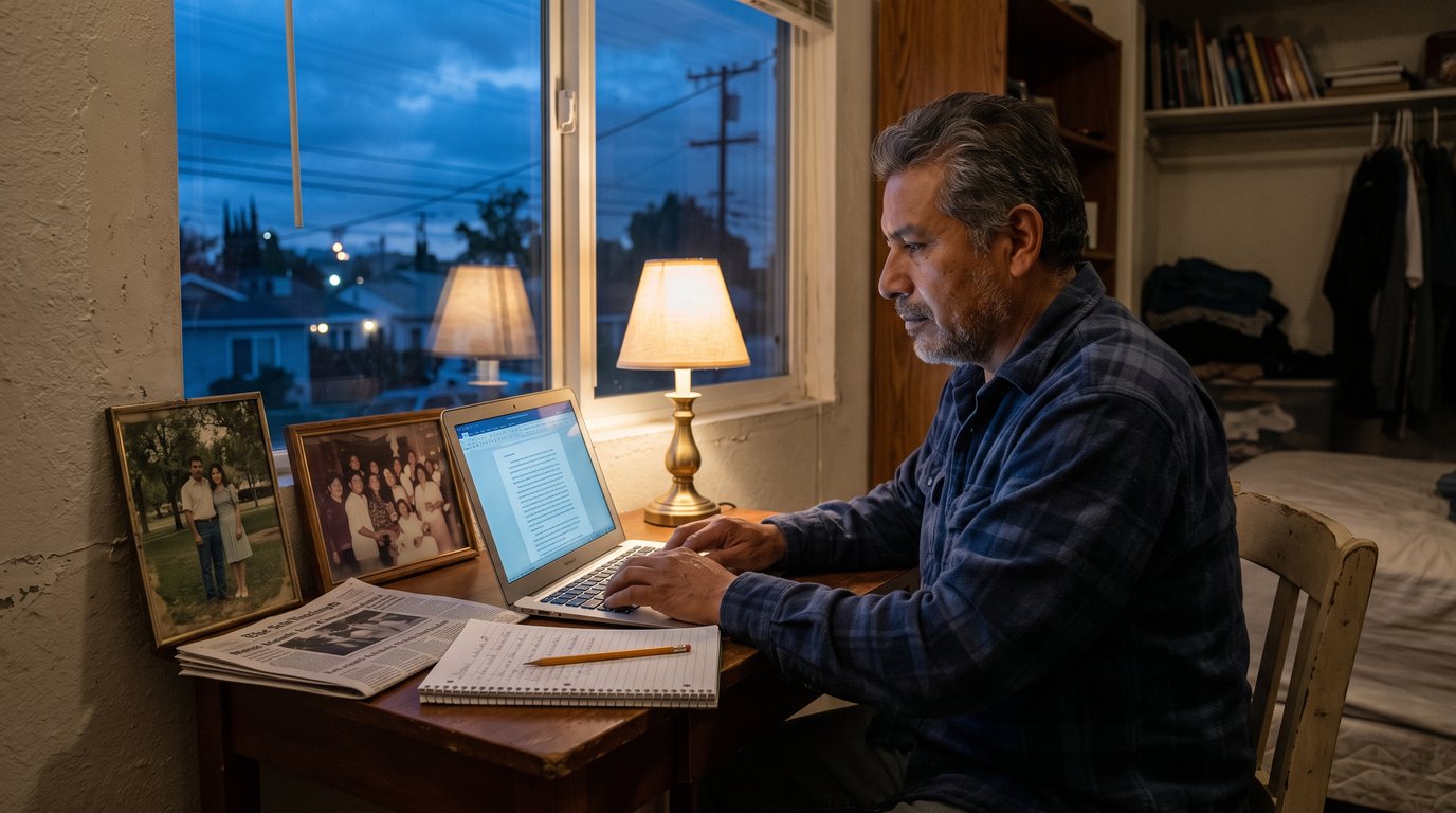 A man writing at a laptop at dusk beside a newspaper page, a notebook and old family photographs