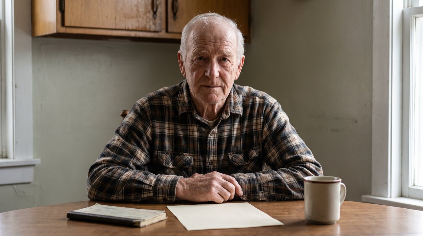 Man in his late 70s in a flannel shirt at his kitchen table with a closed checkbook, a blank page and a mug