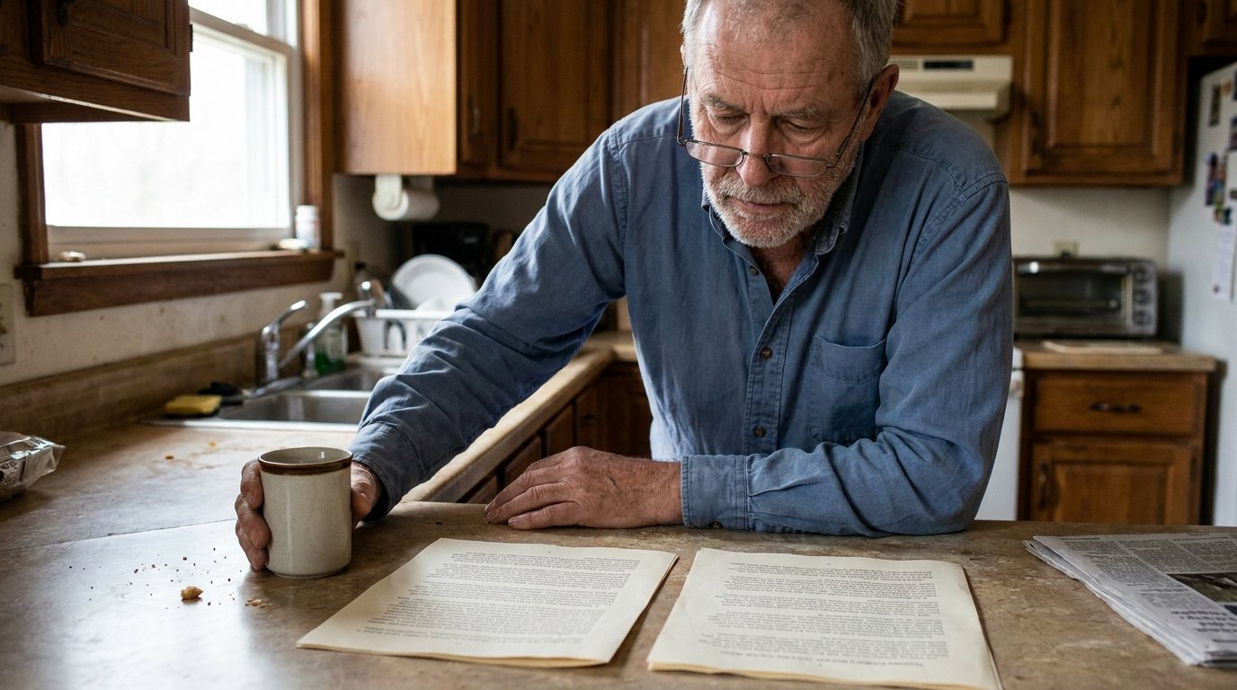 Man comparing two final expense insurance policy documents at a kitchen counter