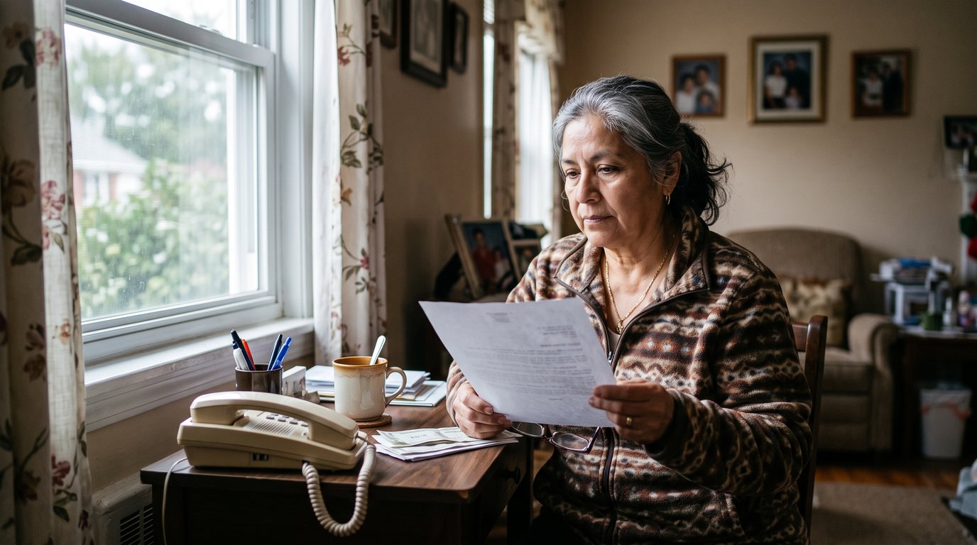 A woman in her sixties reading official mail at a small desk in soft morning window light.