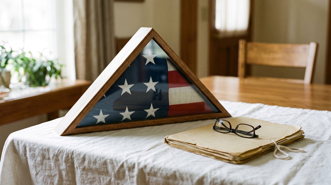 A folded American flag in a display case beside a folder of papers and reading glasses.