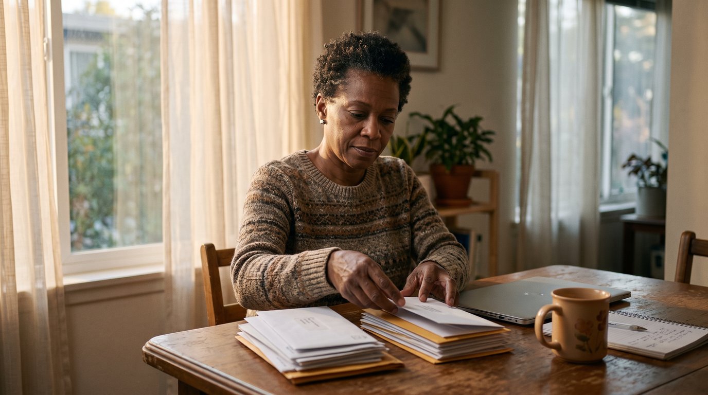 Woman in her fifties calmly sorting bills and envelopes at a dining table in afternoon light