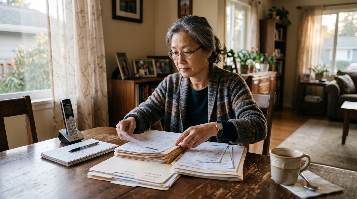 Woman at a dining table sorting folders and papers beside a phone and notebook in afternoon light
