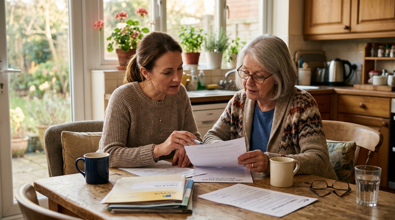 Adult daughter and mother reviewing final expense insurance paperwork at kitchen table