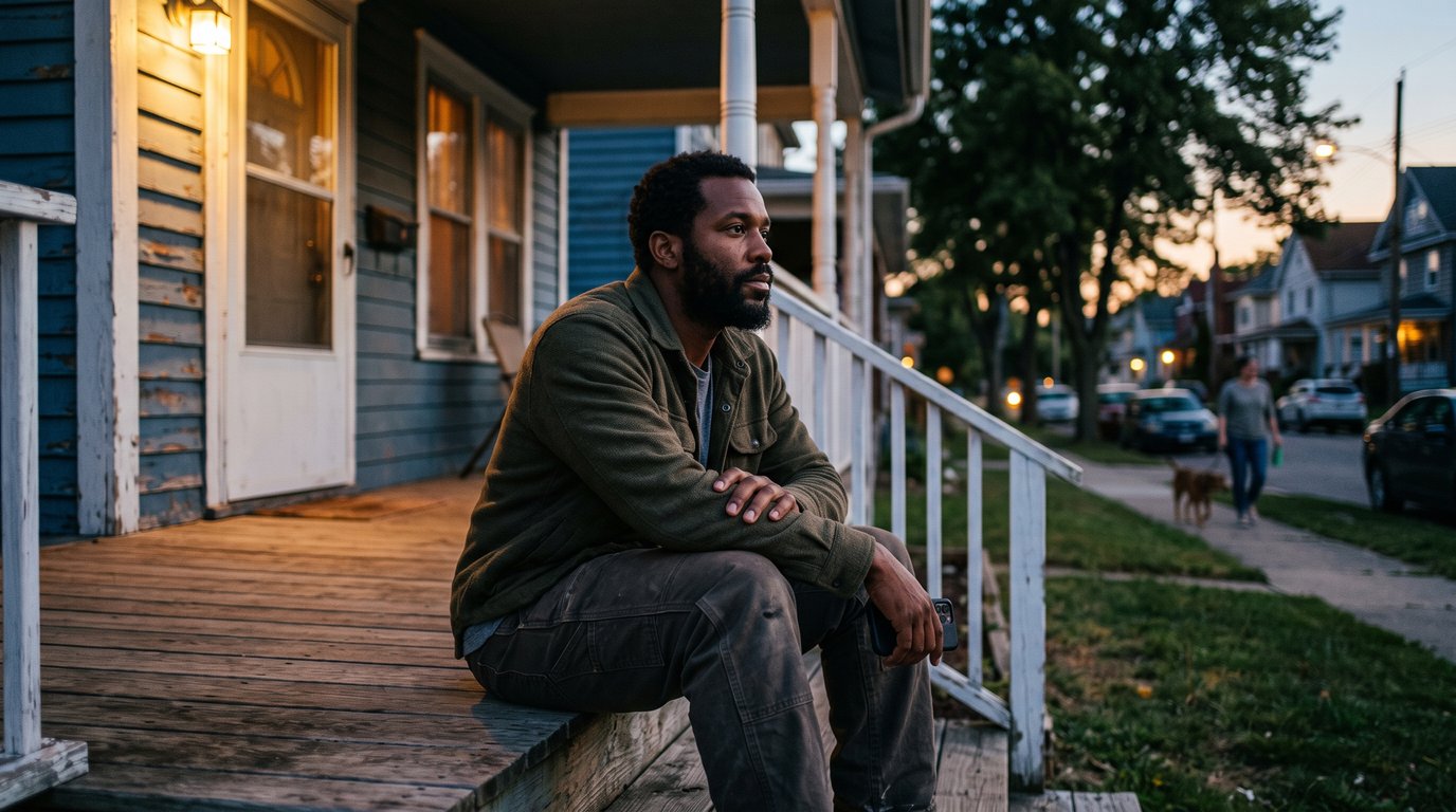 Man sitting on front porch steps at dusk holding a phone, looking out toward the street